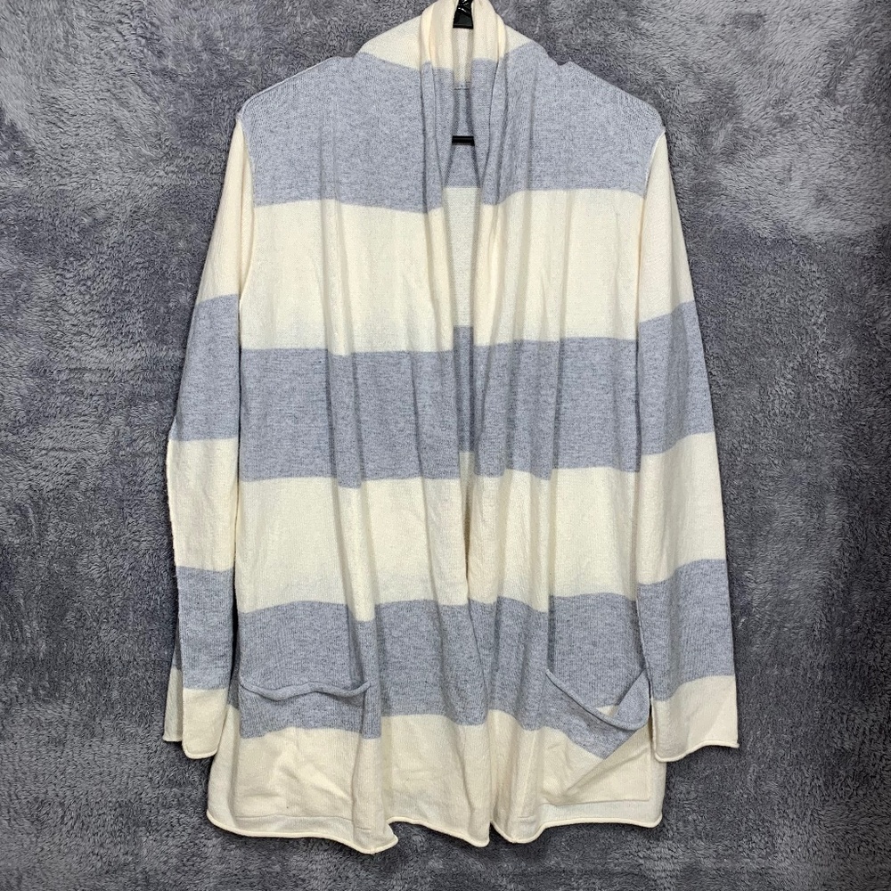 Women’s Open Front Striped Cardigan‎ Sweater Gray White Long Sleeve Pockets Size